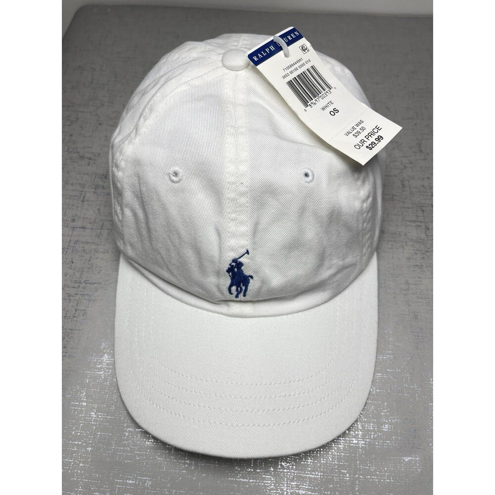 Polo Ralph Lauren Men's O/S Adjustable Baseball Cap Cotton White /Blue Pony Logo - Picture 2 of 11